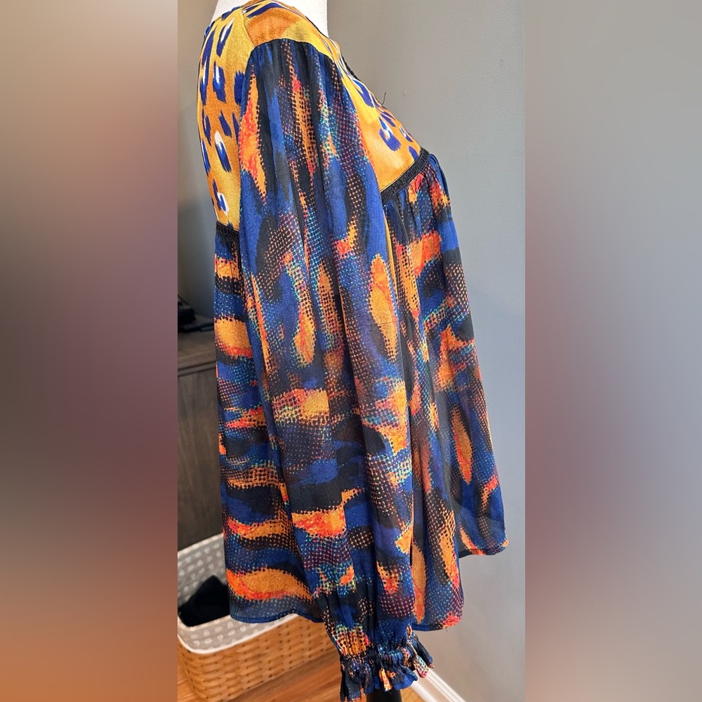 Anthropologie Blank London Eclectic Leopard Peasant Blouse Blue Orange Medium - Picture 7 of 12